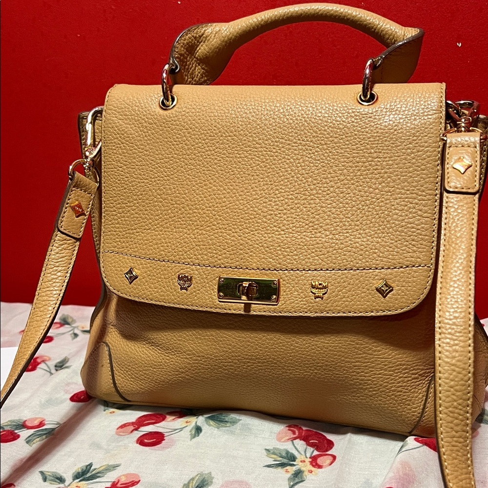 MCM Tan Crossbody Bag with Gold Accents